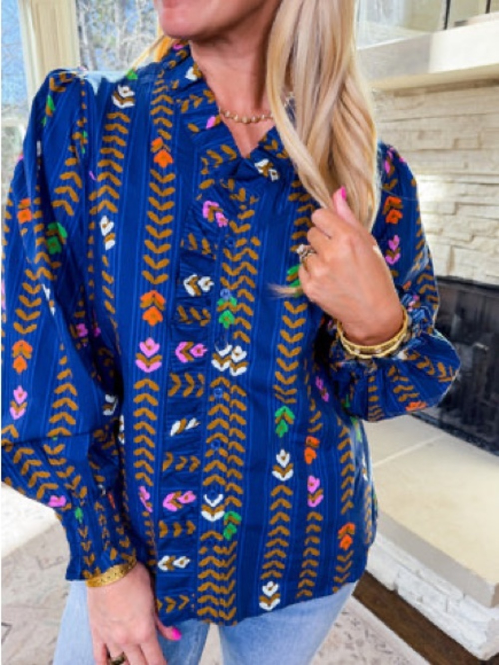 Umgee Navy Ruffle Front Blouse with Yellow Leaf and Multicolor Floral Accents - Picture 3 of 3